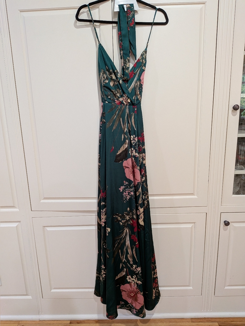 Lulu's Deep Emerald Green Floral Slip Dress with Pink Detail Large - Picture 3 of 4